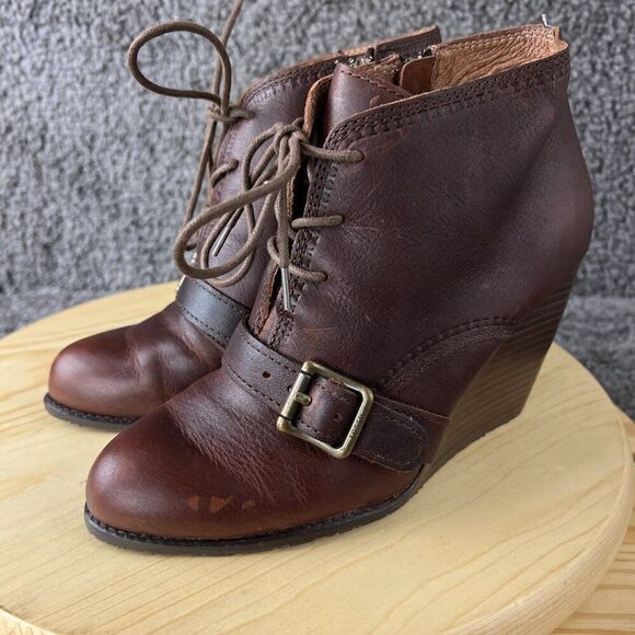 Fossil Wedge Heel Boots Womens 8.5 Brown Leather Ankle Booties Lace Up Shoes - Picture 2 of 10